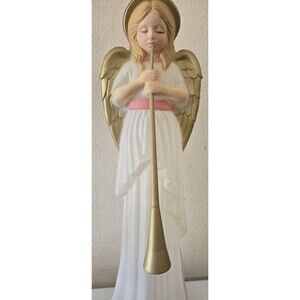 Vintage 34" Angel Blow Mold Gold Horn Christmas  White Pink Belt W/cord Tested